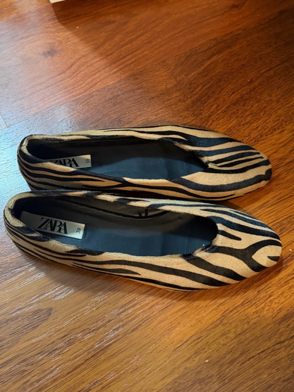 Zara Zebra-Print Ballet Flats in Tan and Black